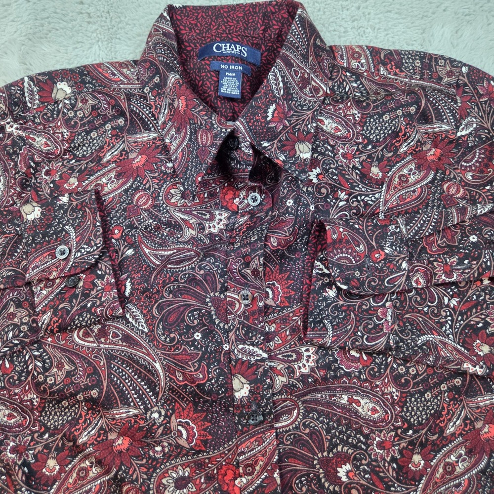 Chaps Button Down Shirt Womens PM Petite No Iron Paisley Long Sleeve Red Multi